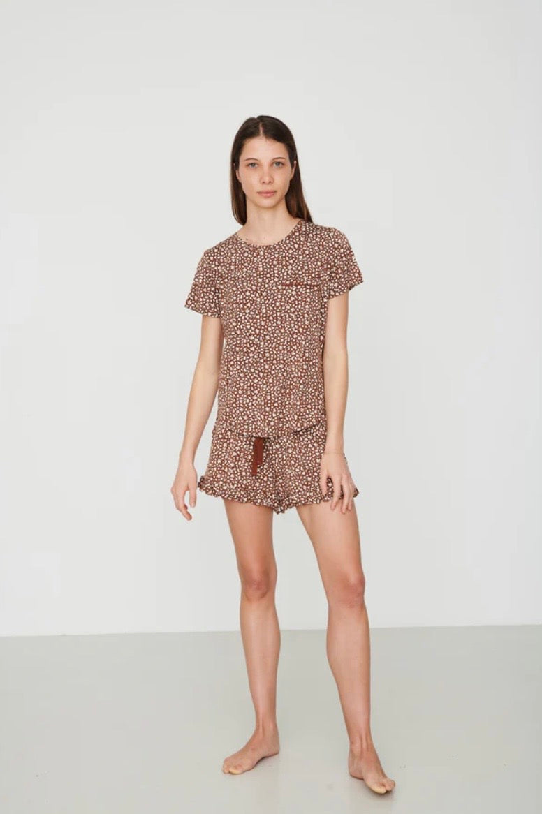 Bambi & Birdie Ladies Ruffled Short Set - Brown Floral