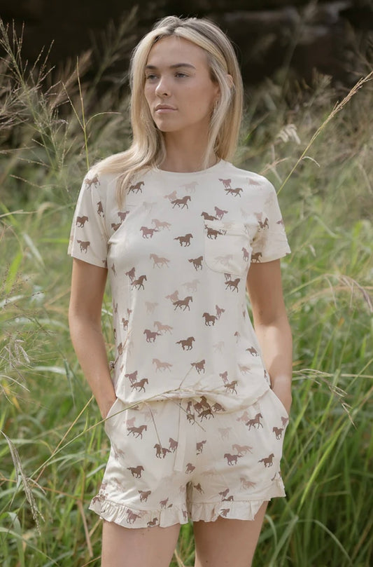 Bambi & Birdie Ladies Ruffled Short Set - Horse