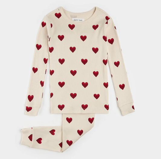 Petit Lem Heart Print Ribbed PJ Set