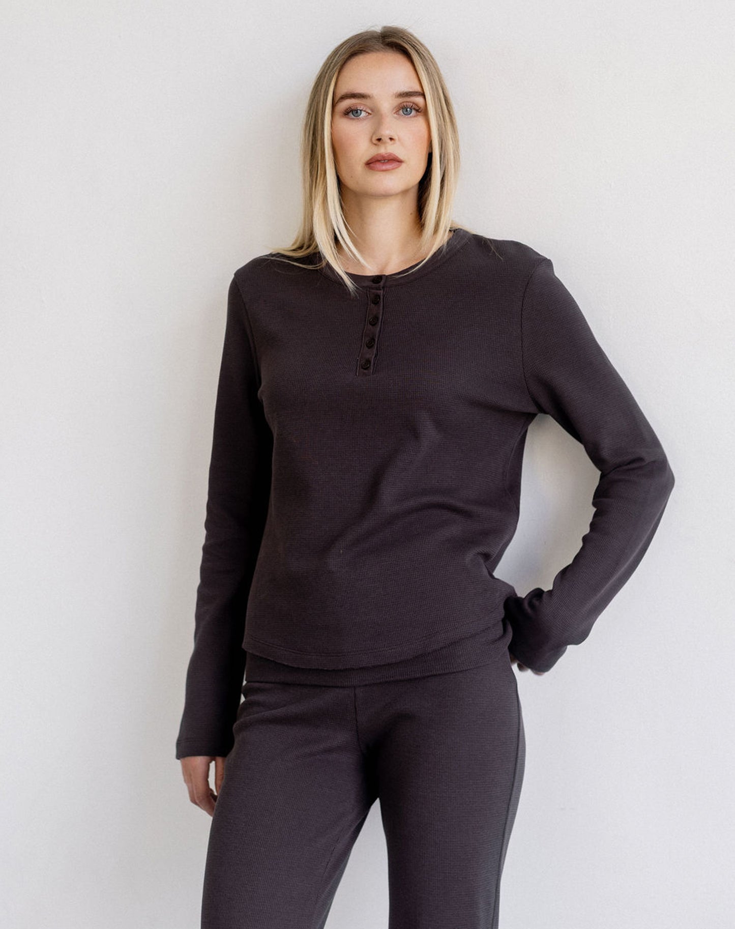 Brunette the Label Waffle Henley Top - Espresso