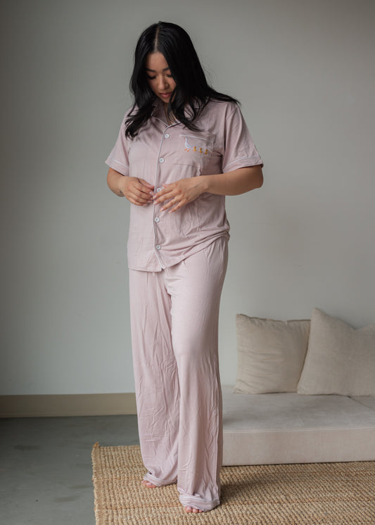 Roobear Mama Goose Embroidered Pj Set - Petal Pink