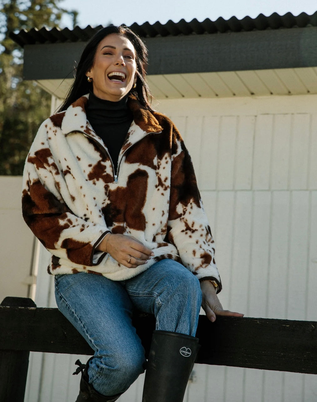 Brunette the Label Cow Print Half Zip