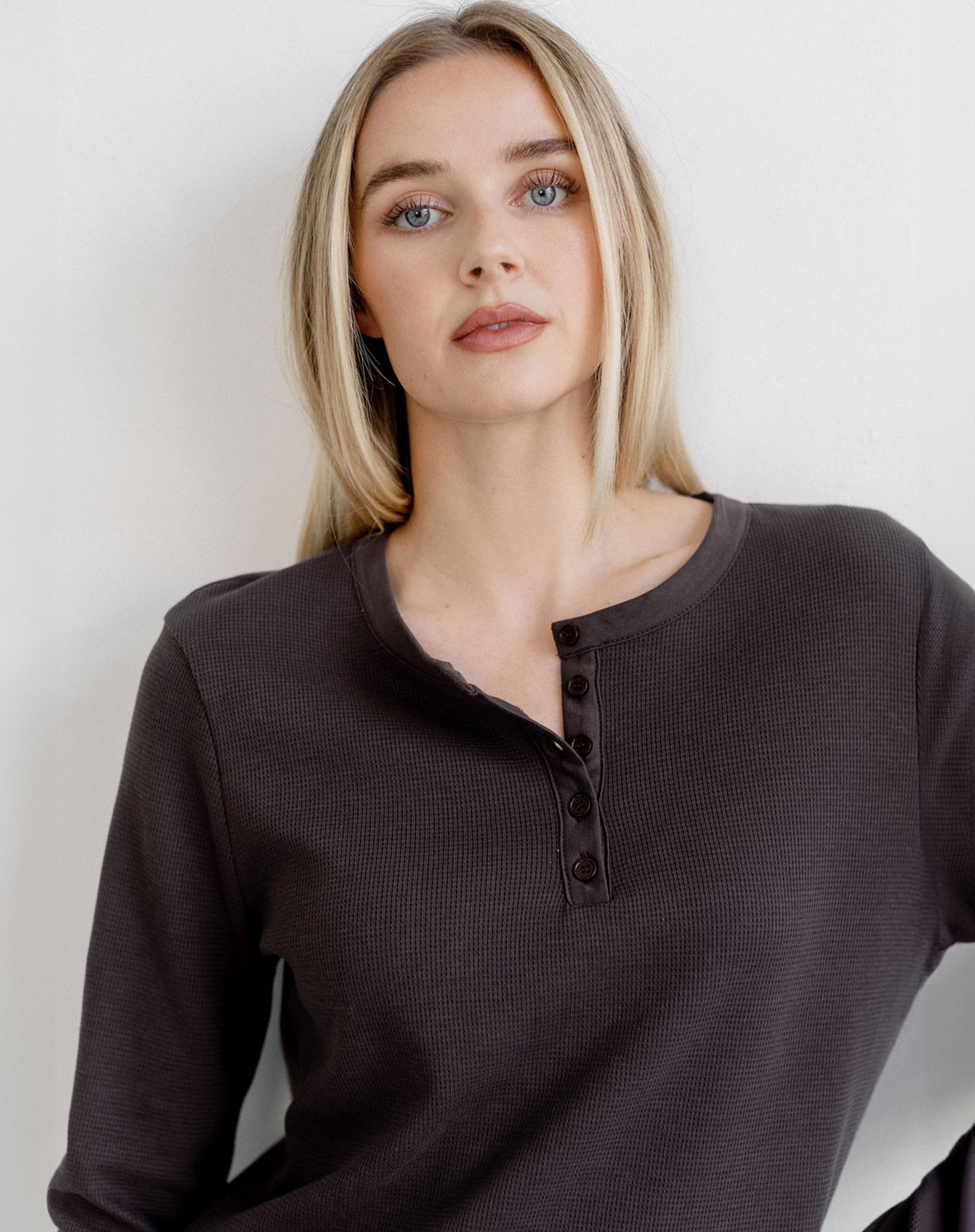 Brunette the Label Waffle Henley Top - Espresso