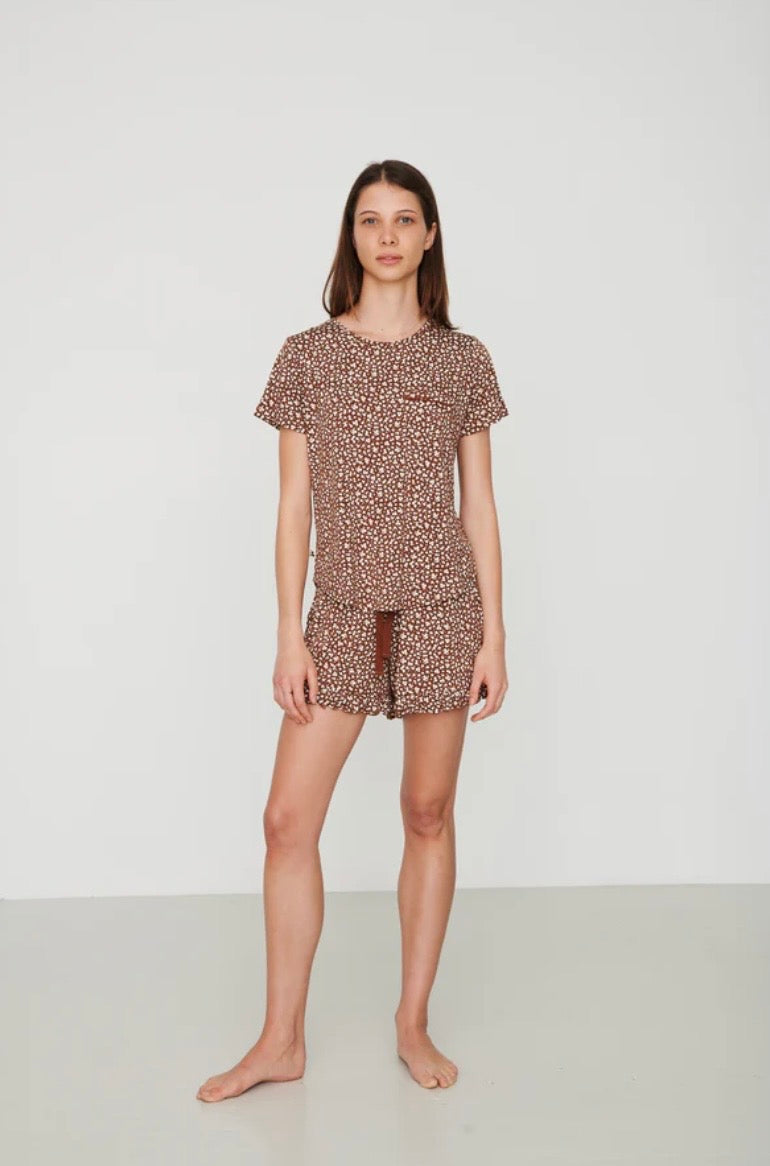 Bambi & Birdie Ladies Ruffled Short Set - Brown Floral