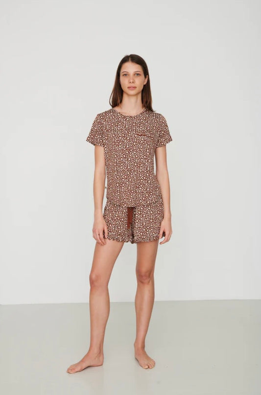 Bambi & Birdie Ladies Ruffled Short Set - Brown Floral