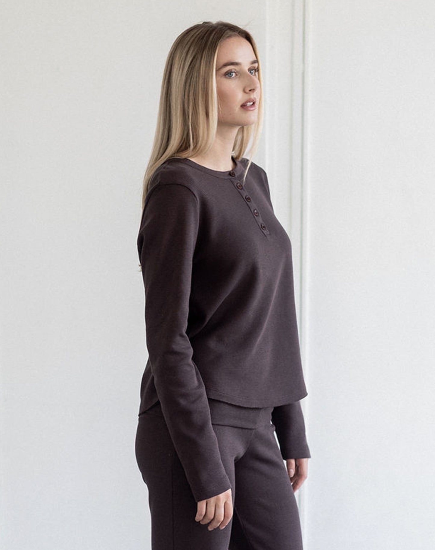 Brunette the Label Waffle Henley Top - Espresso
