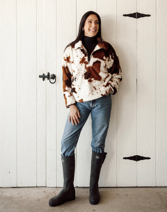 Brunette the Label Cow Print Half Zip