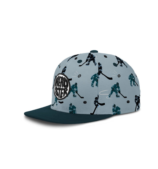 Cap with hockey-themed design and 'Headster' logo on a light gray background